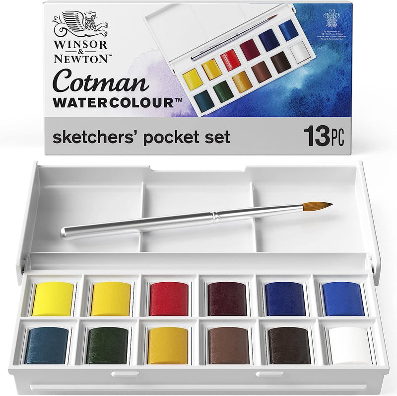 Winsor & Newton Cotman Sketchers Pocket Paint Box (Includes 12 x Half pans + Brush)
