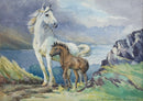 Painting of a white horse and a brown foal in a landscape with lake district mountains and water.