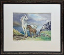Framed artwork of two horses in a mountainous landscape