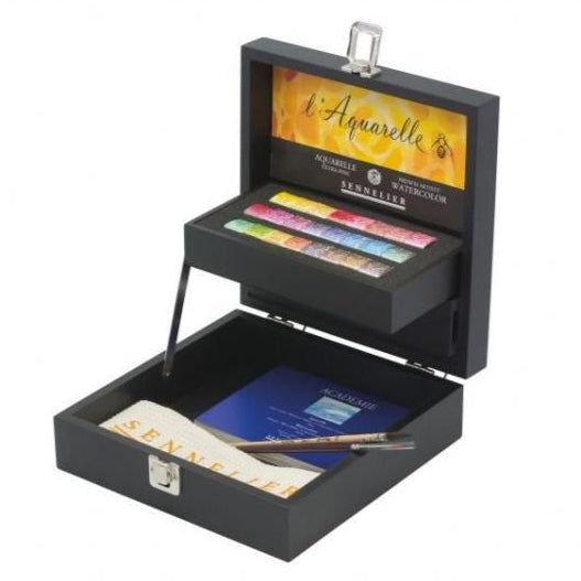 Sennelier Watercolour Wooden Sets 24 x 1/2 Pan 2 x Brushes, Pad